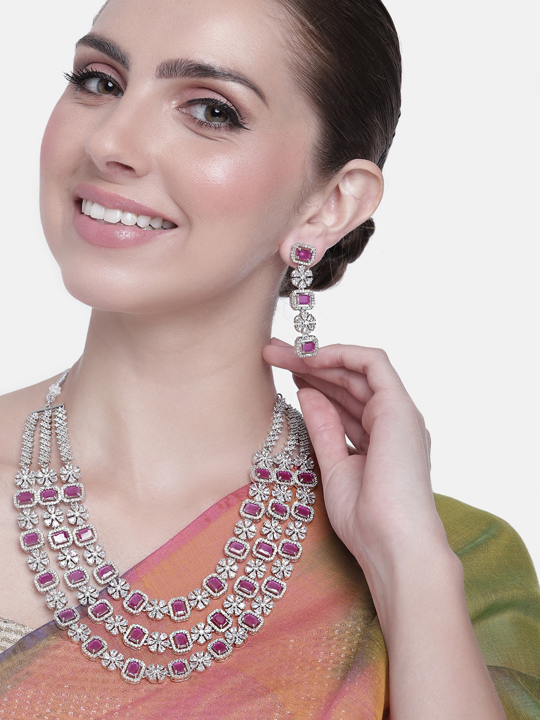 

Estele Women Rhodium-Plated CZ Studded Necklace with Earrings, Pink