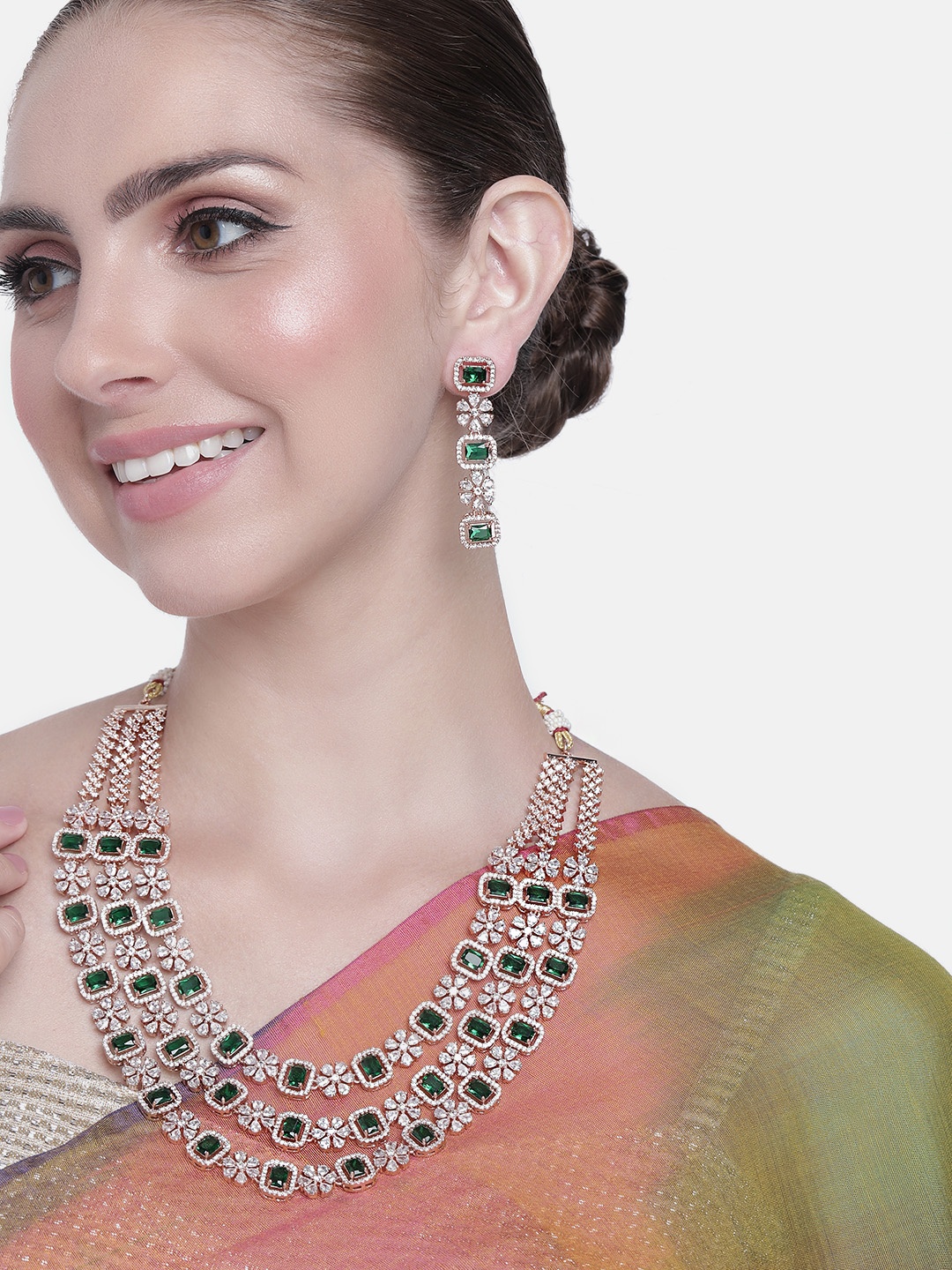 

Estele Women Rose Gold-Plated CZ Studded Layered Necklace with Earrings, Green