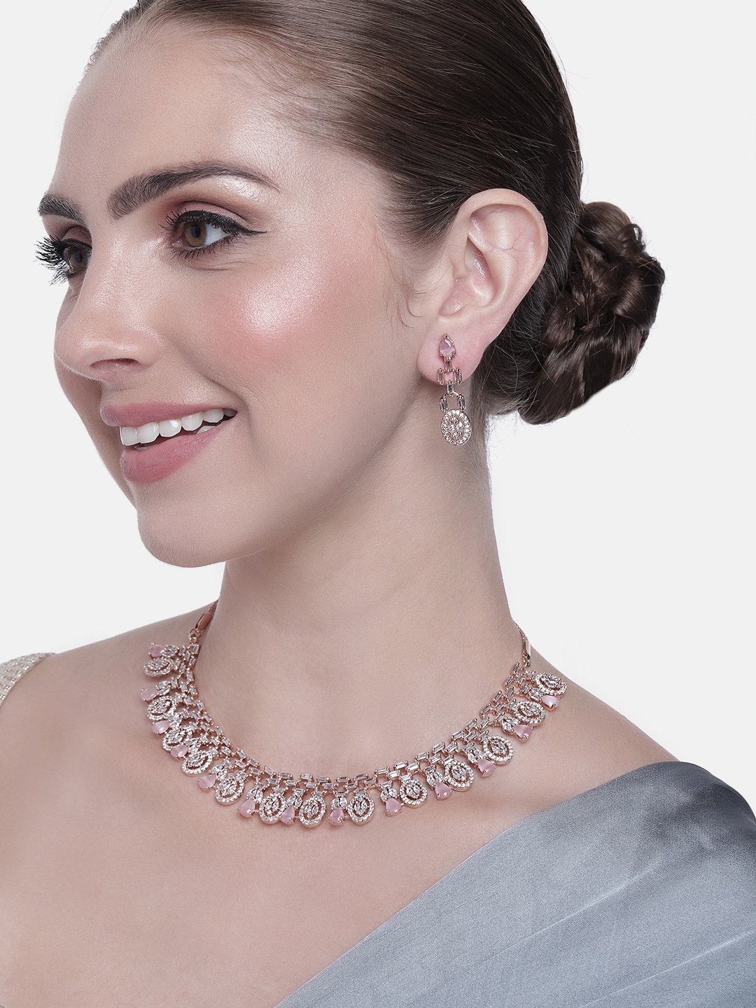 

Estele Women Rose Gold-Plated CZ Studded Necklace with Earrings, Pink
