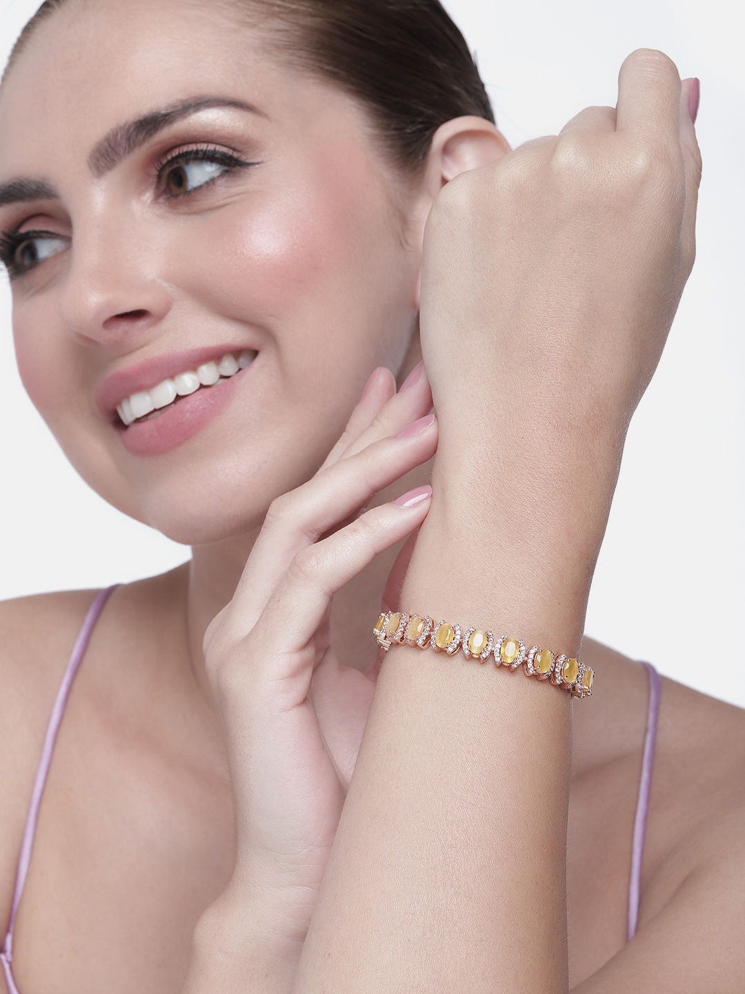 

Estele Women Cubic Zirconia Rose Gold-Plated Link Bracelet