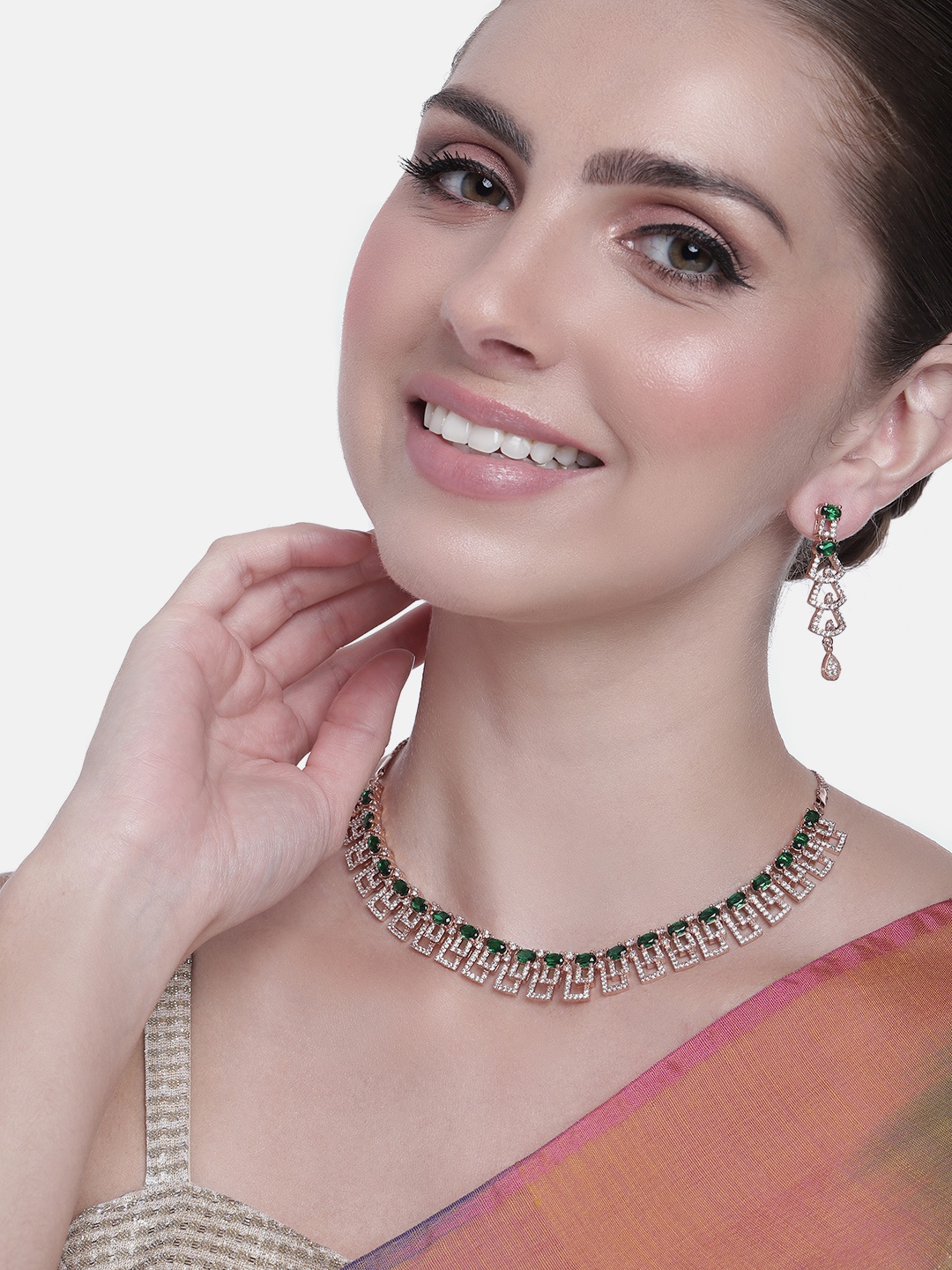 

Estele Women Rose Gold-Plated CZ Studded Necklace with Earrings, Green