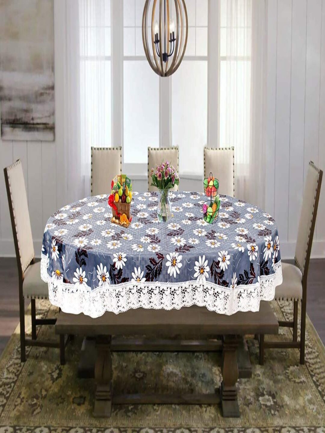 

CASA-NEST GREY & White Floral 4-Seater Table Cover