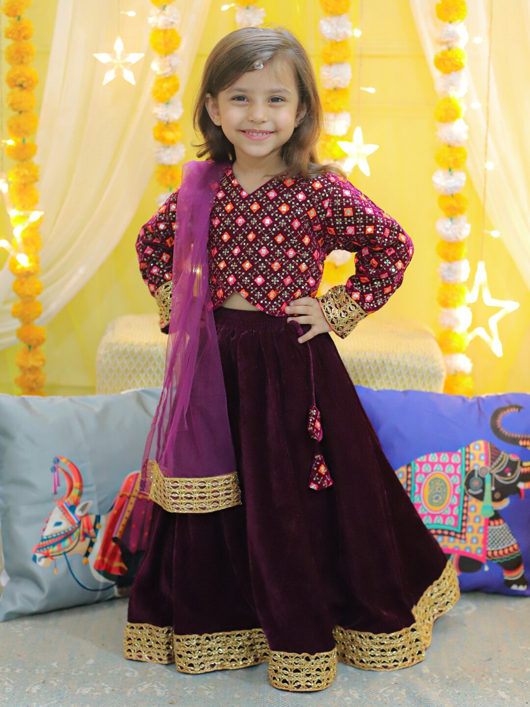 

BownBee Girls Ready To Wear Lehenga & Blouse With Dupatta, Purple