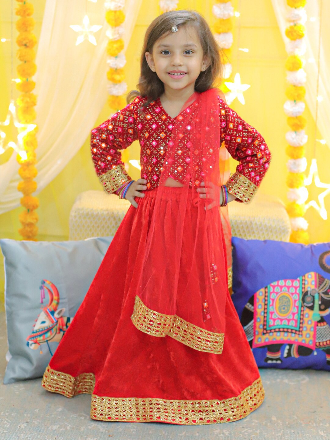 

BownBee Girls Embellished Ready To Wear Lehenga & Blouse With Dupatta, Red