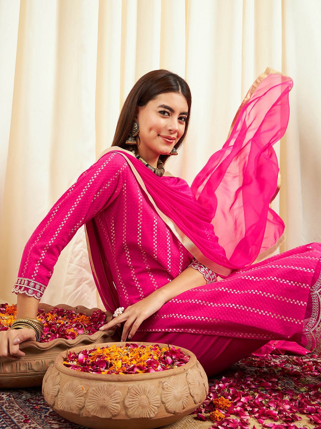 

Sangria Ethnic Motifs Woven Design V-Neck Sequinned Kurta With Trousers & Dupatta, Pink