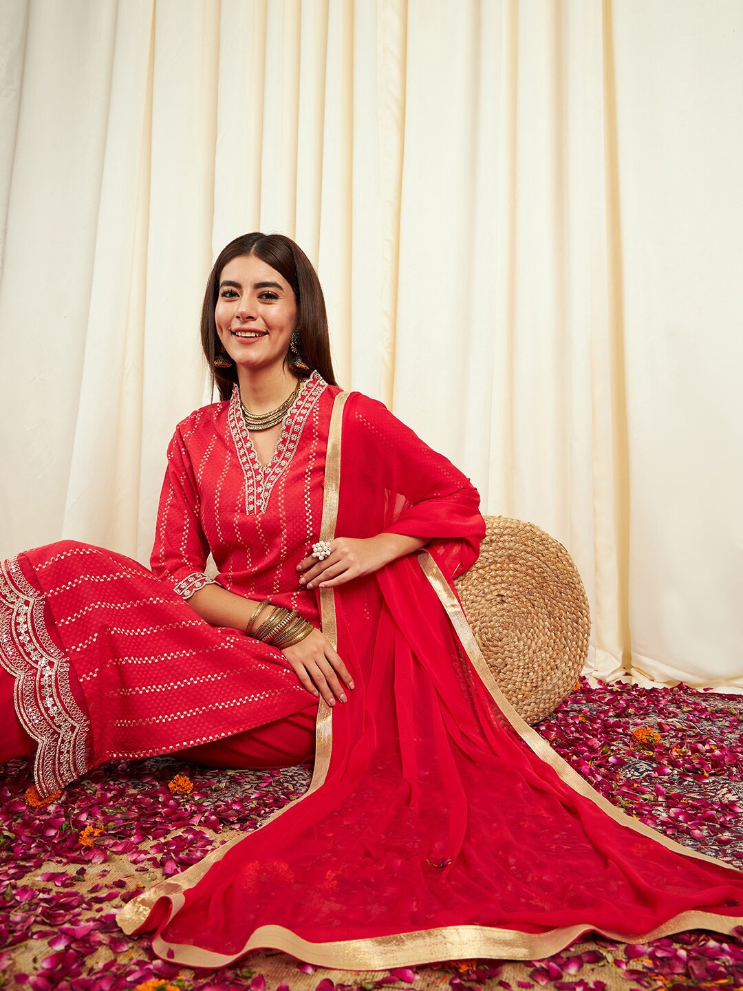 

Sangria Striped Thread Work Kurta With Trousers &Dupatta, Red