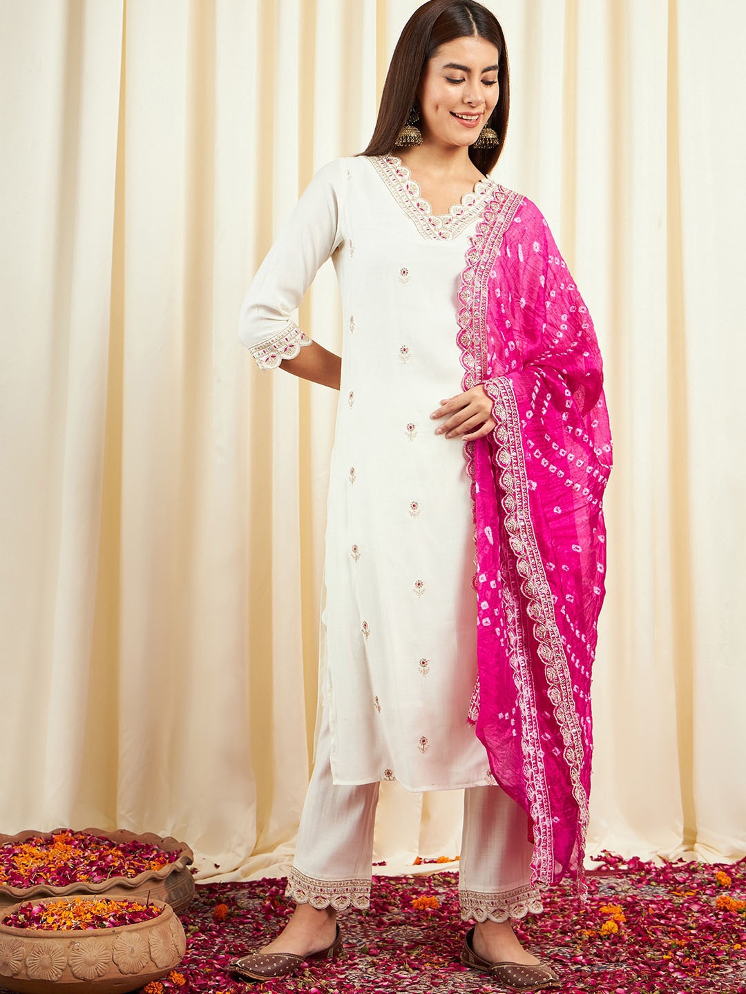 

Sangria Floral Embroidered V-Neck Sequinned Pure Silk Kurta With Trousers & Dupatta, Off white