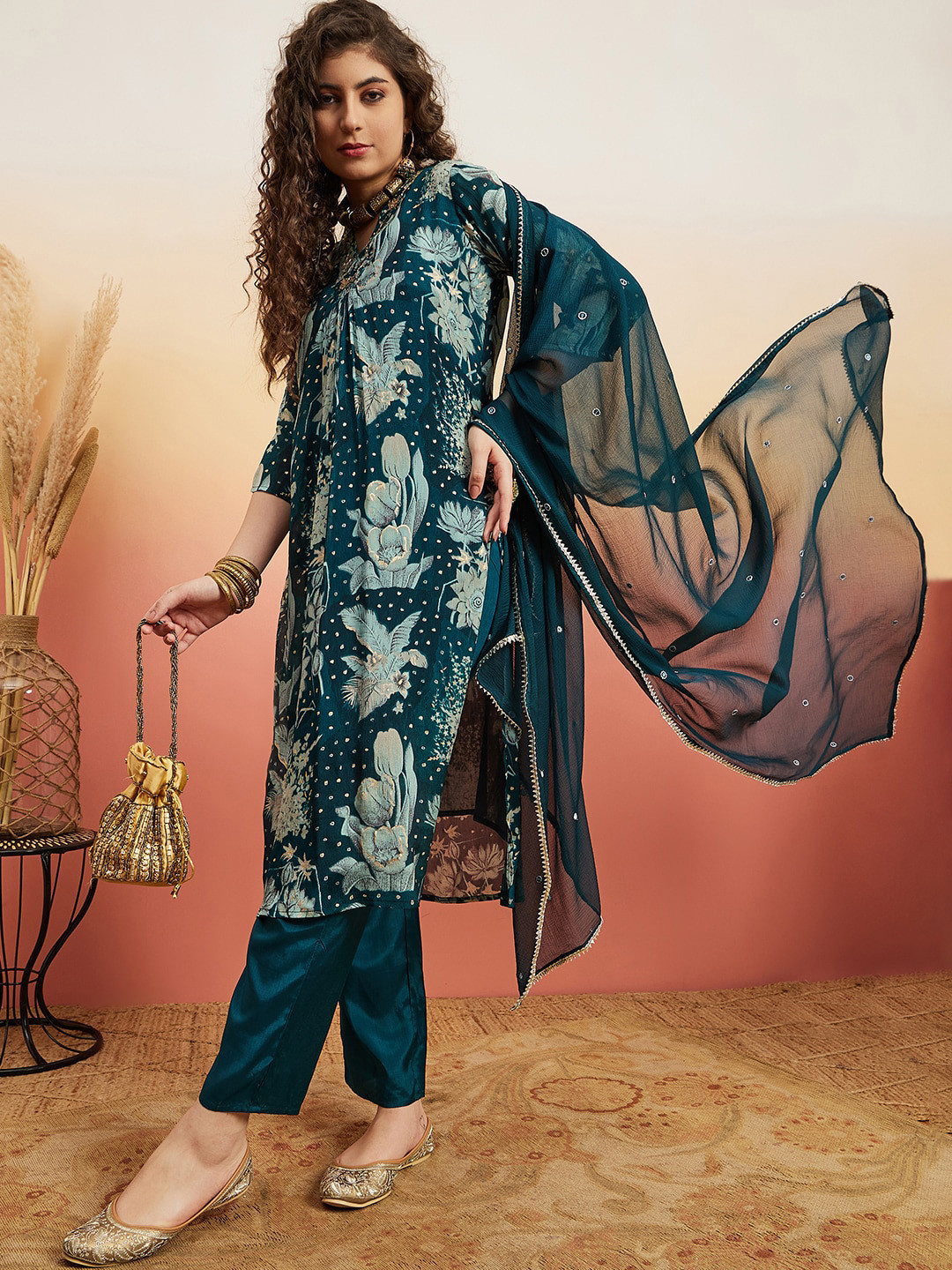 

Sangria Floral Printed Straight Kurta With Trousers & Dupatta, Teal