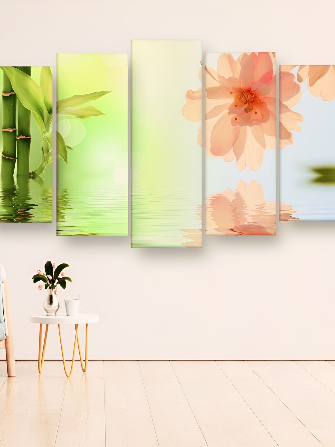 

Casperme Green & Peach Coloured 5 Pieces Floral Wooden Painting Wall Art