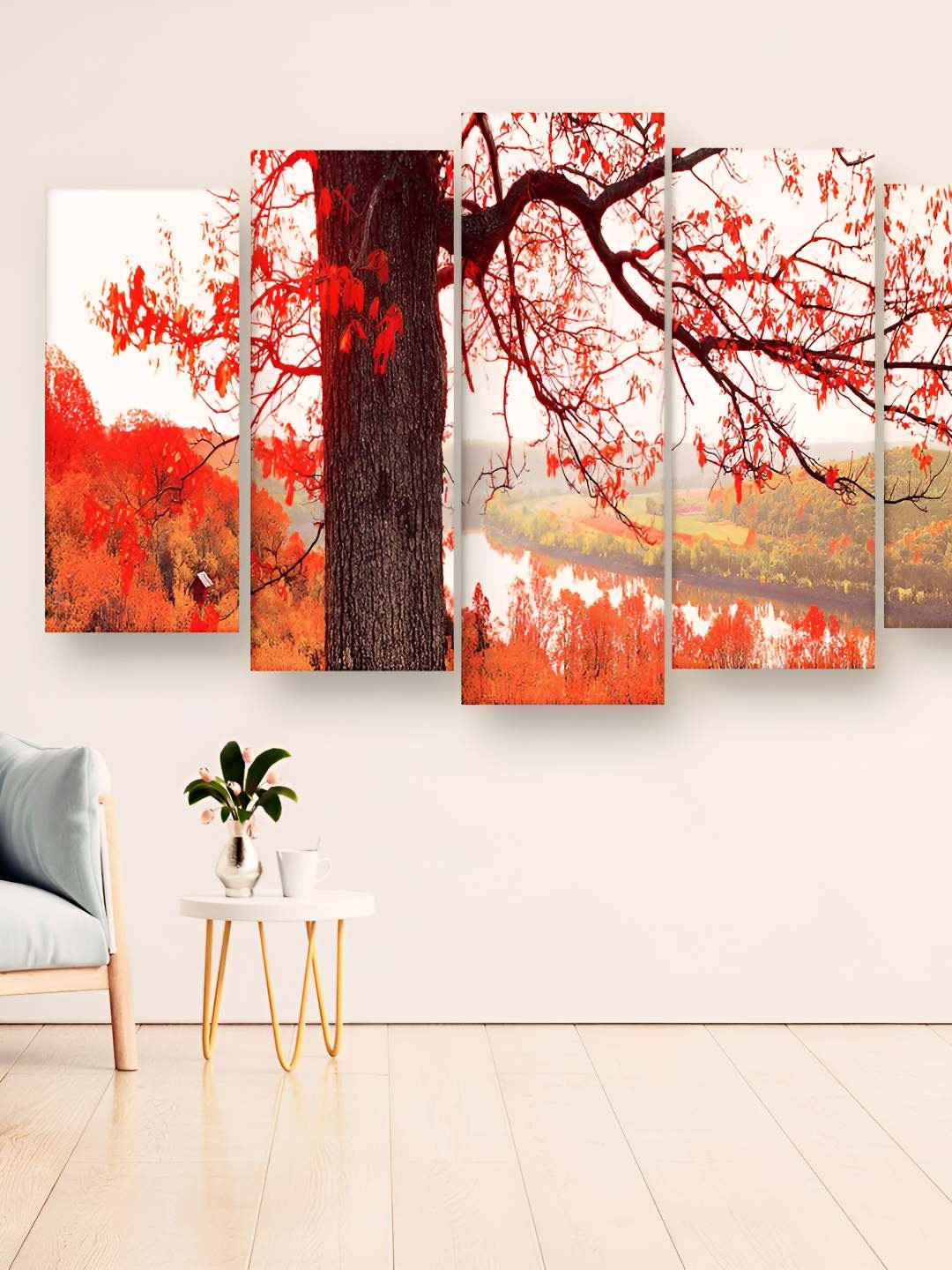 

Casperme Orange and white 5 Pieces Floral Wooden Wall Painting