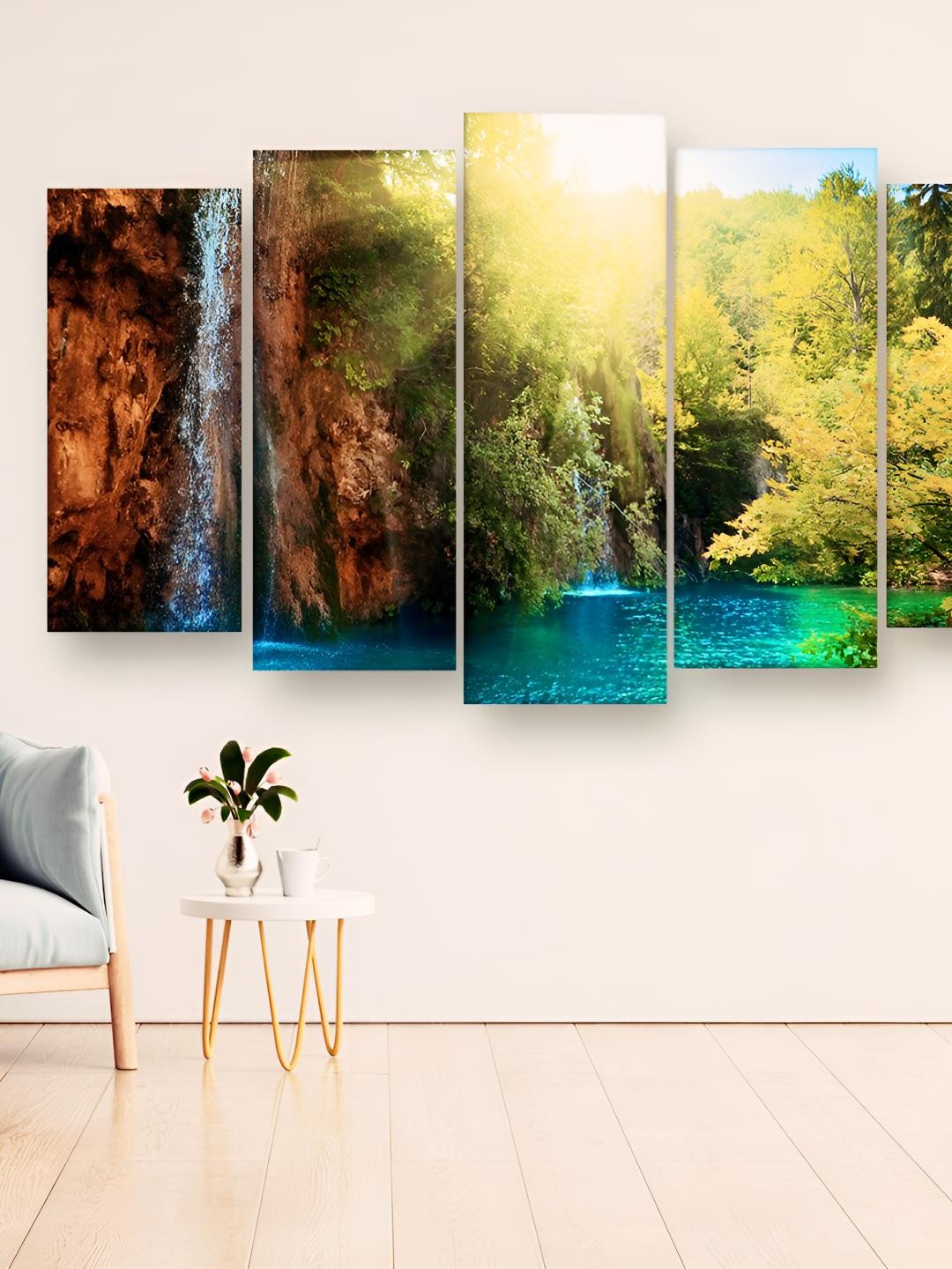

Casperme Teal Blue & Green 5 Pieces Wooden Floral Wall Painting