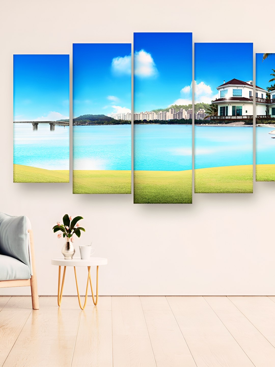 

Casperme Blue and white 5 pieces Wooden Scenery Wall Art