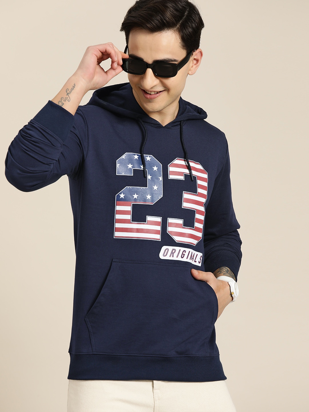 

HERE&NOW Men Printed Hooded Terry Sweatshirt, Navy blue