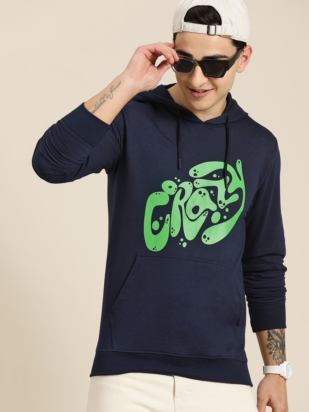 

HERE&NOW Men Printed Hooded Terry Sweatshirt, Navy blue