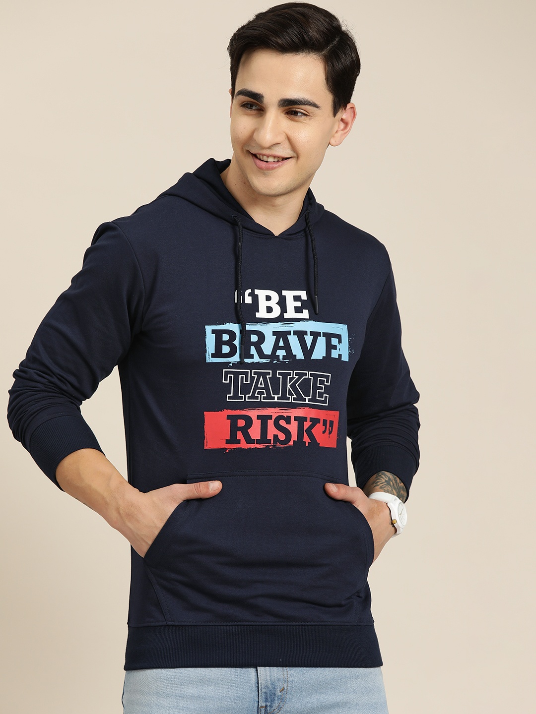 

HERE&NOW Men Printed Hooded Terry Sweatshirt, Navy blue