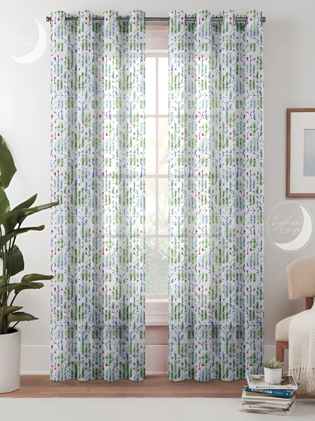 Lunar Days White & Green 2 Pieces Floral Sheer Curtains