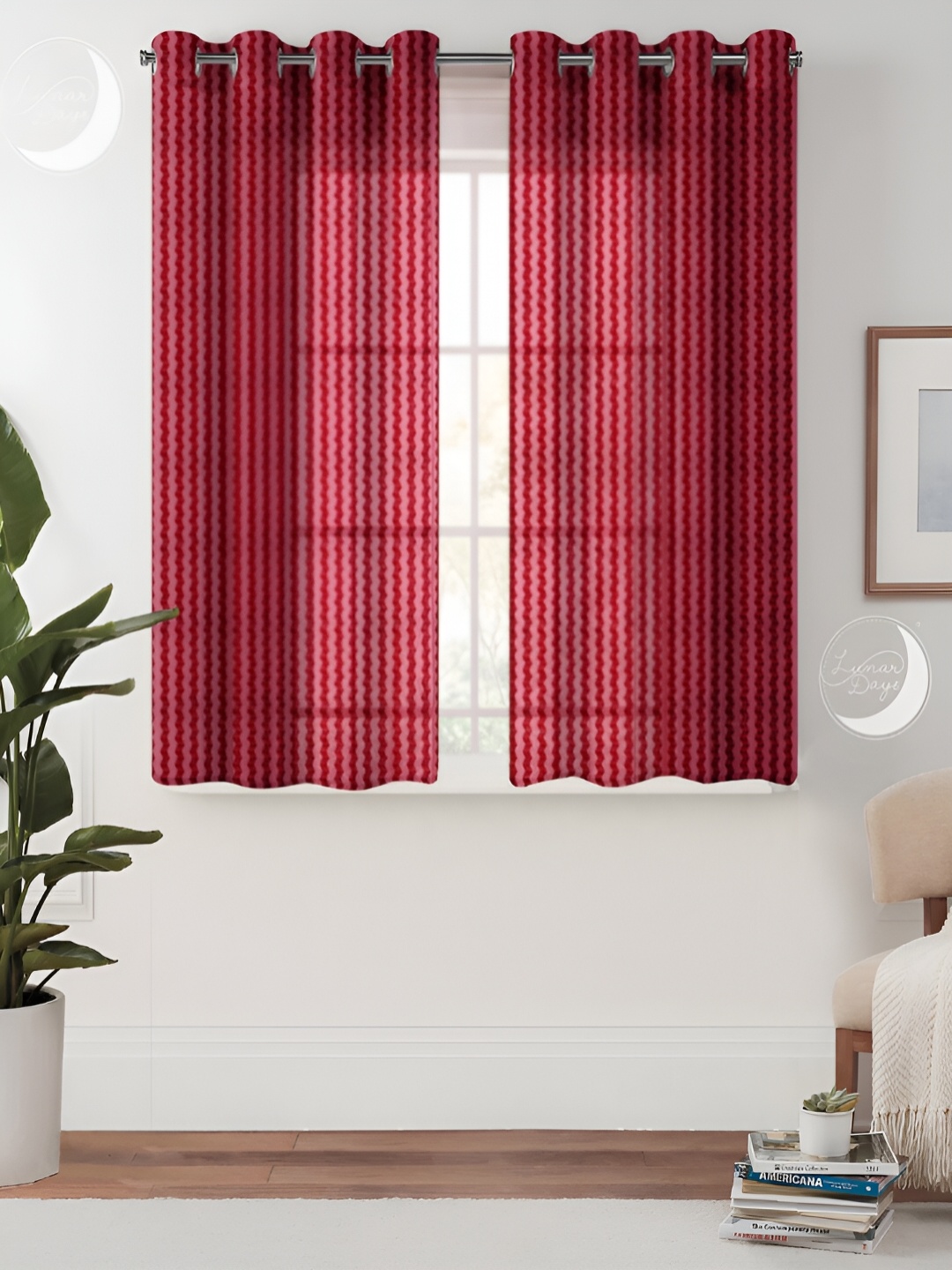 

Lunar Days 2 Pcs Maroon & White Striped Sheer Window Curtain