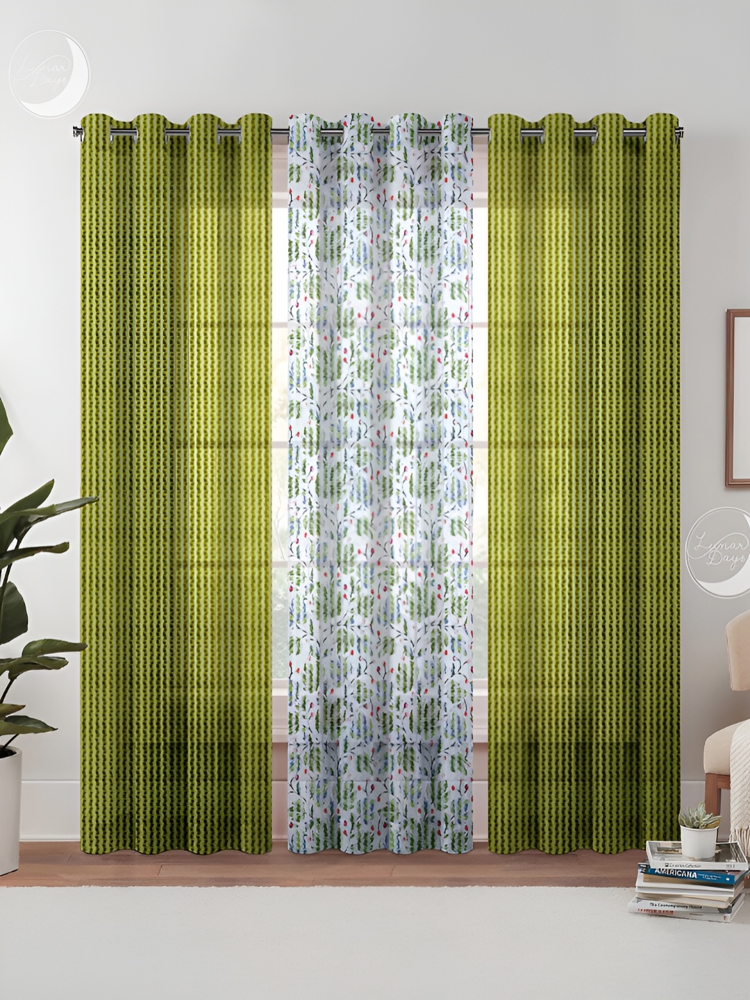 

Lunar Days Green & White 3 Pieces Floral Sheer Long Door Curtains