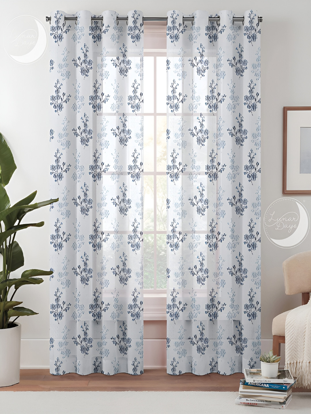 

Lunar Days Grey & White 2 Pieces Floral Printed Sheer Long Door Curtains