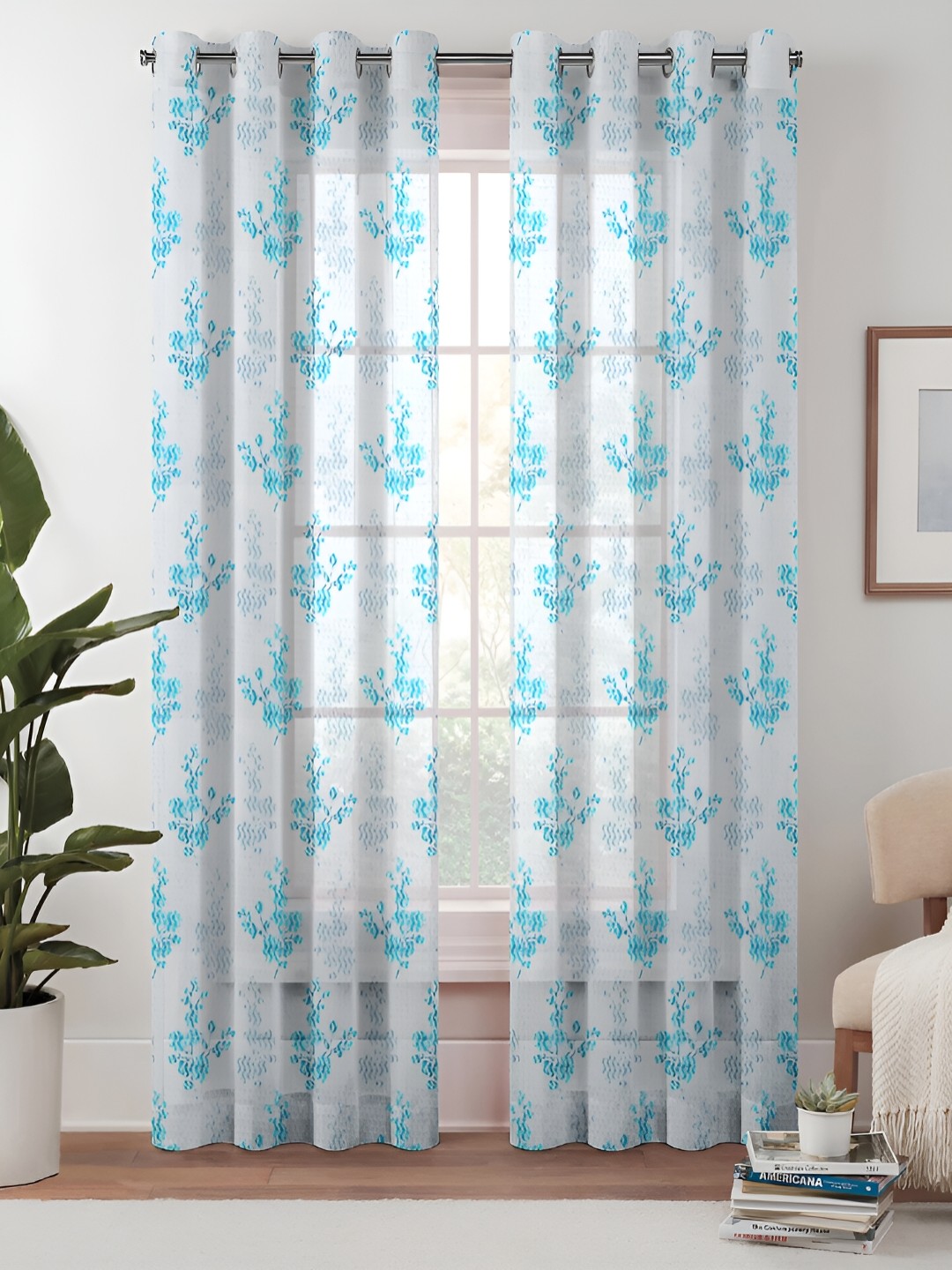 

Lunar Days Blue & White 2 Pieces Floral Sheer Door Curtains