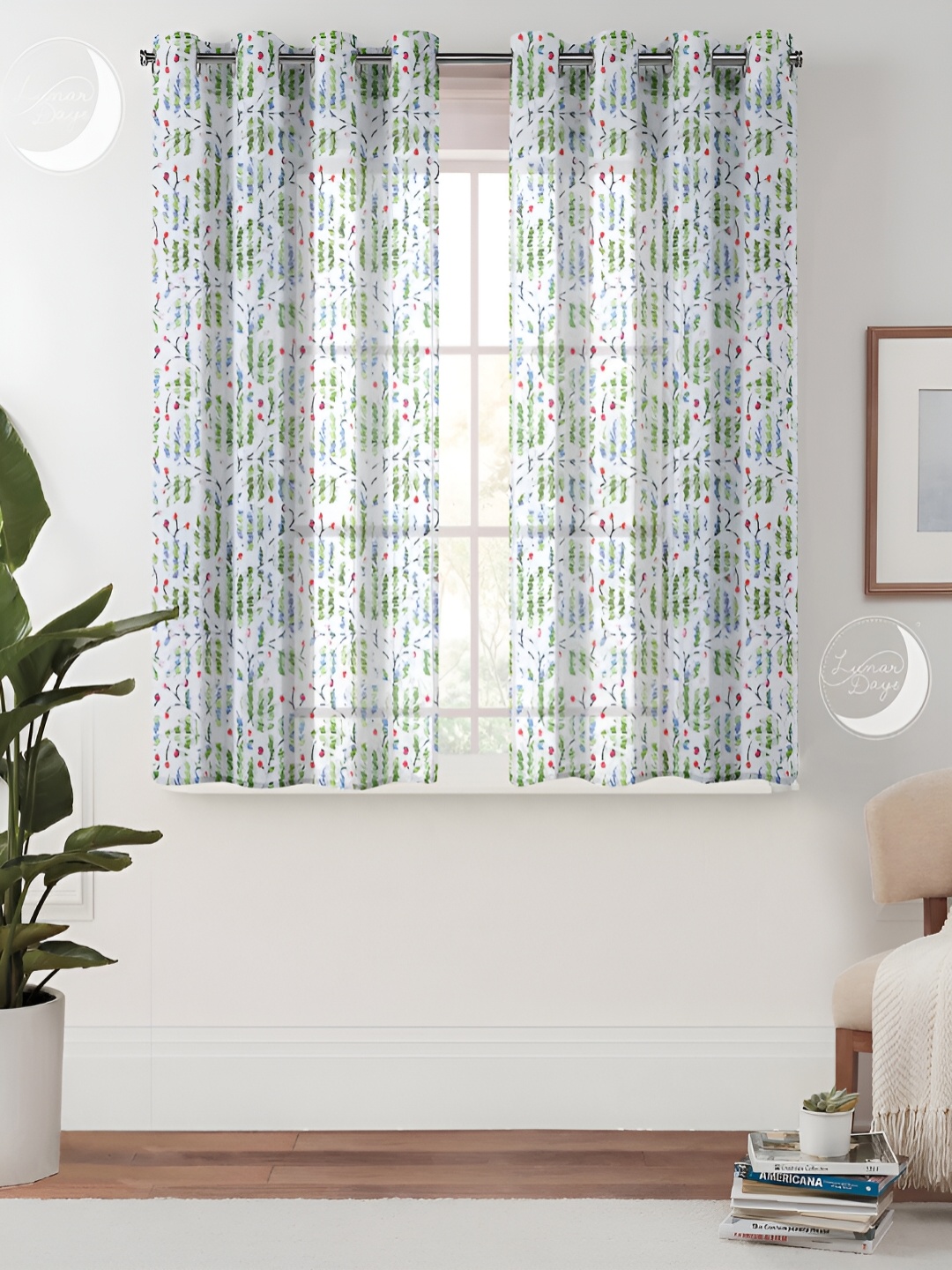 

Lunar Days Green & White 2 Pieces Floral Printed Sheer Window Curtains