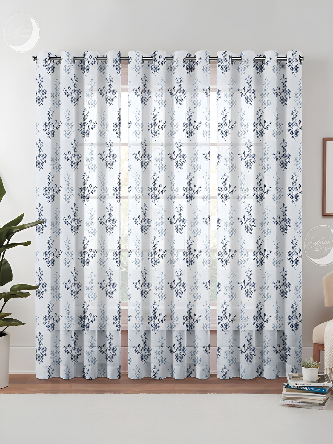 

Lunar Days White & Grey 3 Pieces Floral Sheer Door Curtains