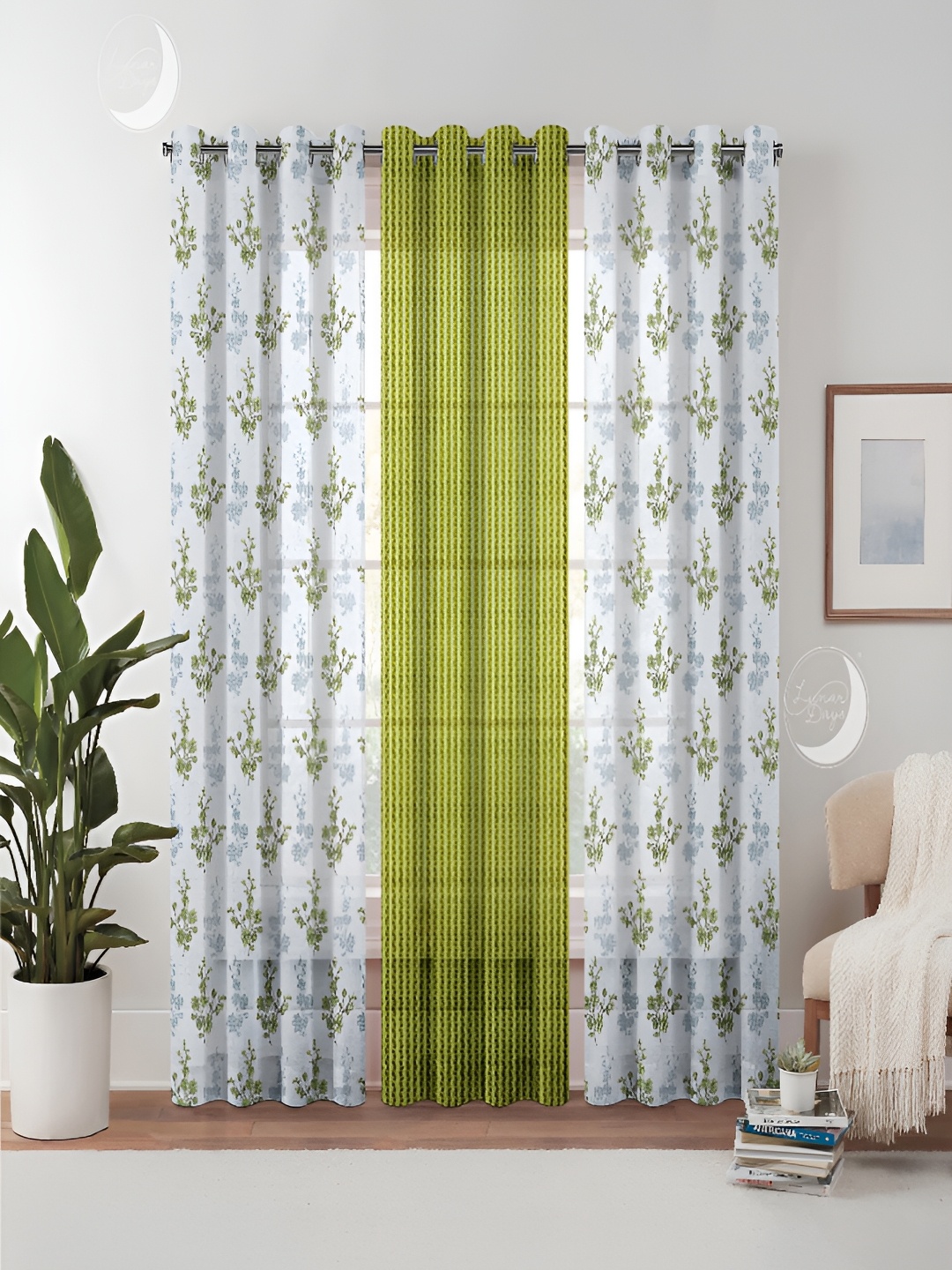 

Lunar Days 3 Pcs Green & White Floral Sheer Door Curtain