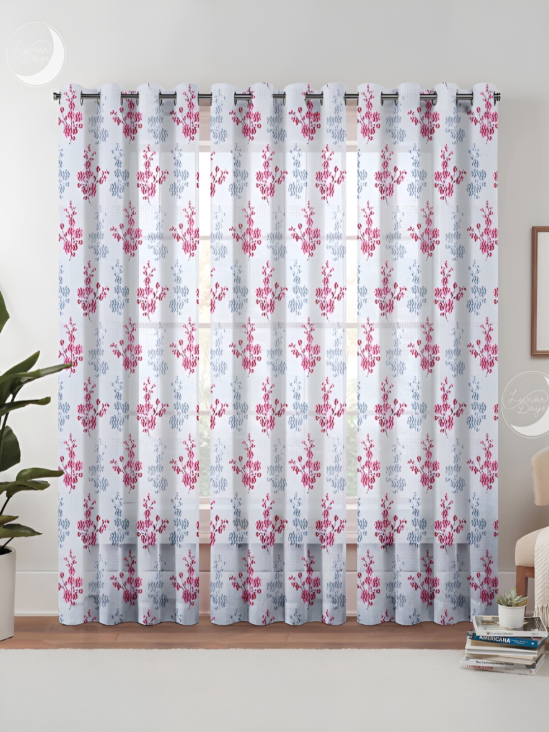 

Lunar Days White & pink 3 Pieces Floral Sheer Window Curtain