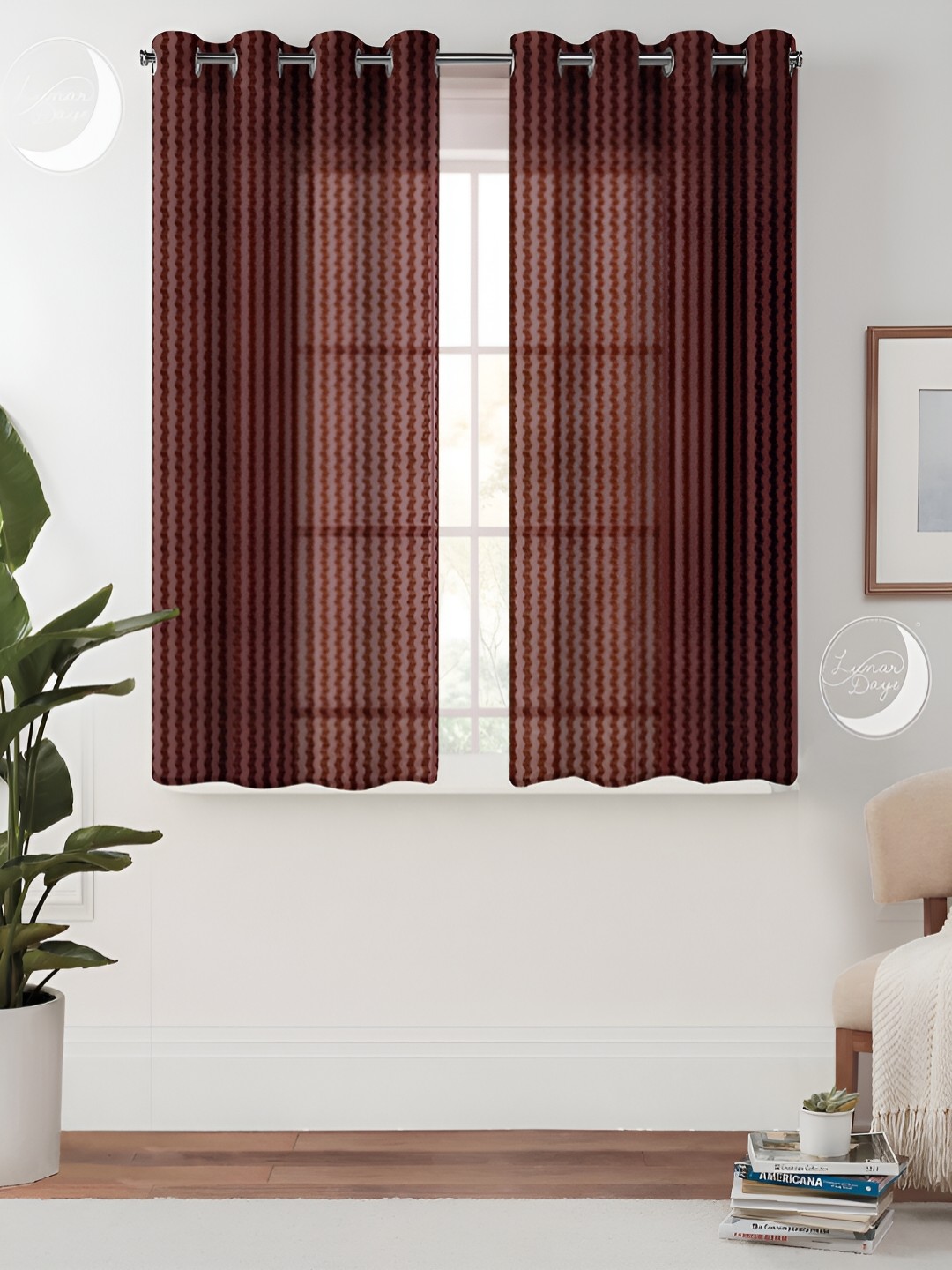 

Lunar Days Brown & White 2 Pieces Striped Sheer Window Curtains