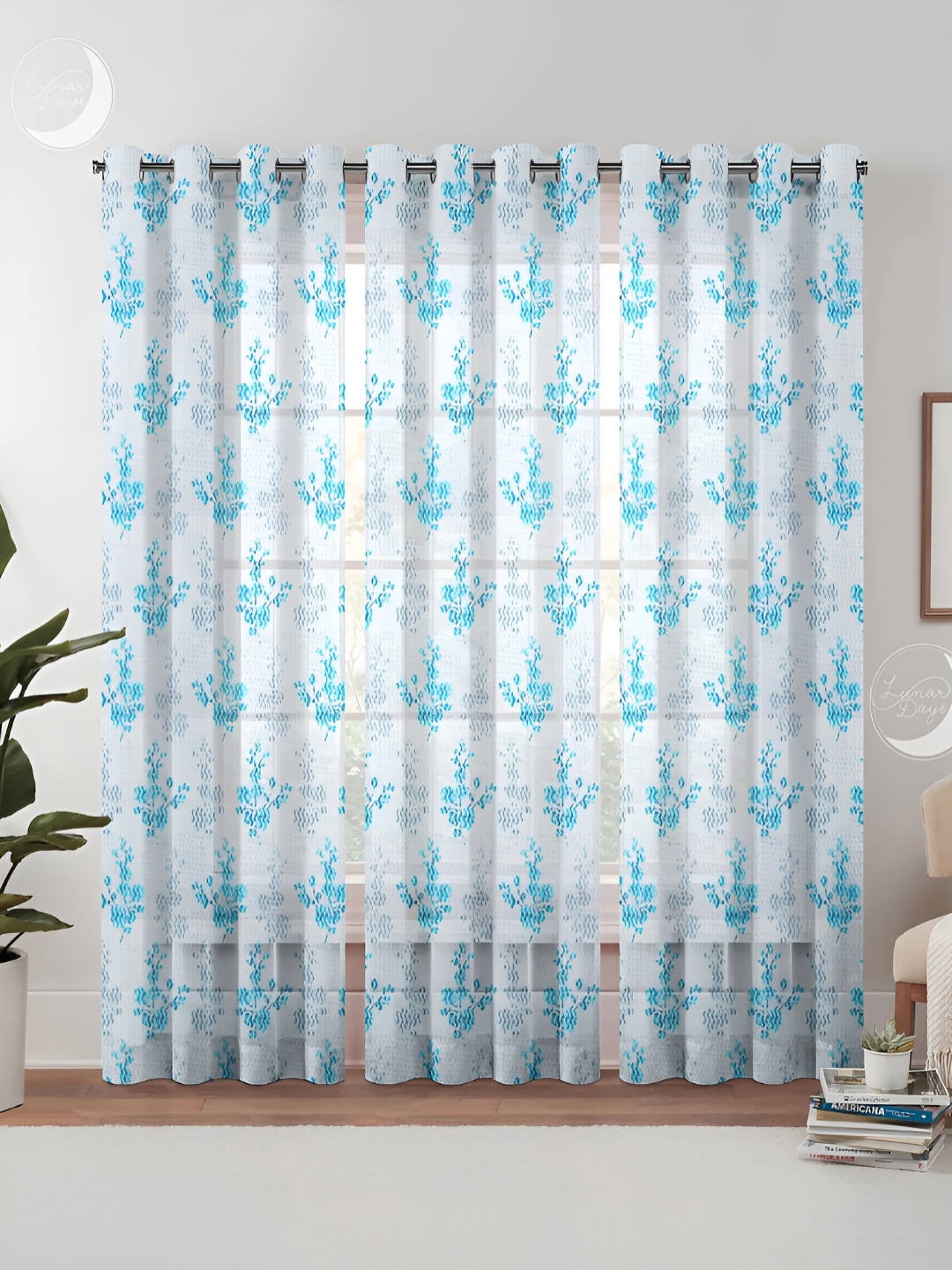 

Lunar Days Blue & White 3 Pieces Floral Sheer Long Door Curtain