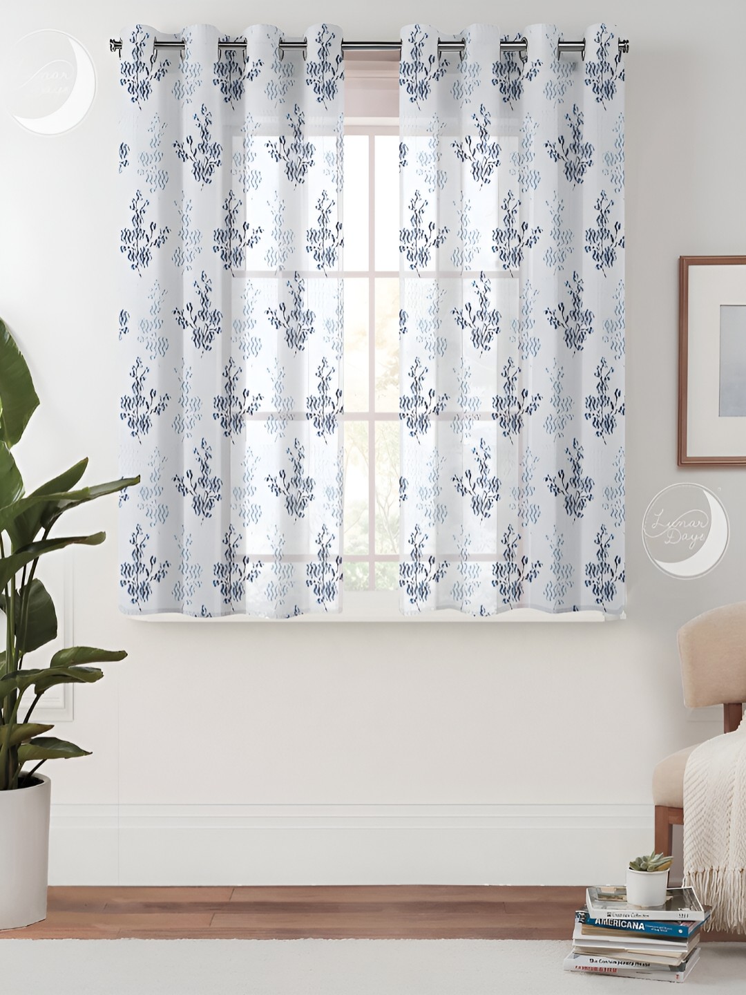 

Lunar Days White & Grey 2 Pieces Floral Sheer Window Curtains