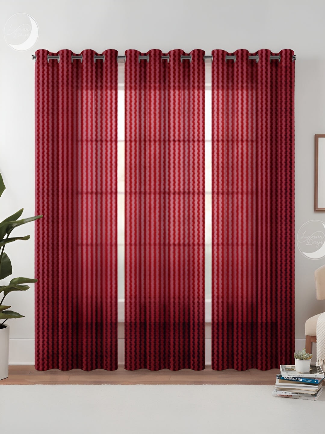 

Lunar Days Maroon & Transparent 3 Pieces Striped Sheer Door Curtains