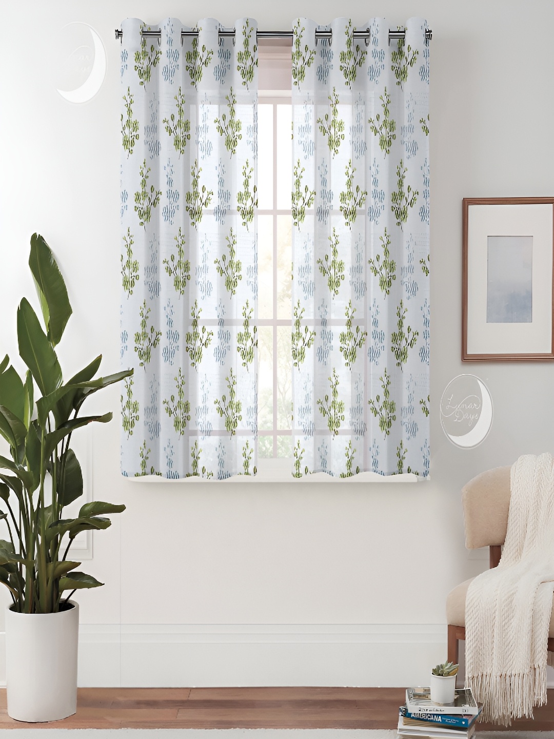 

Lunar Days Green & White 2 Pieces Floral Printed Sheer Window Curtains