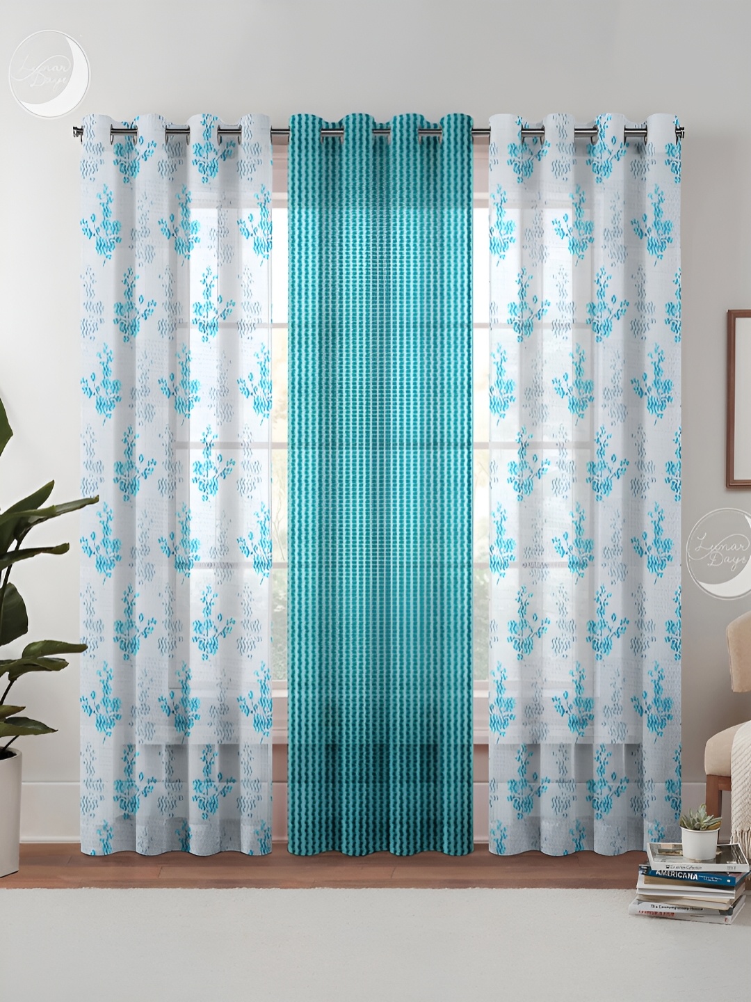 

Lunar Days Blue & White 3 Pieces Floral Sheer Door Curtain