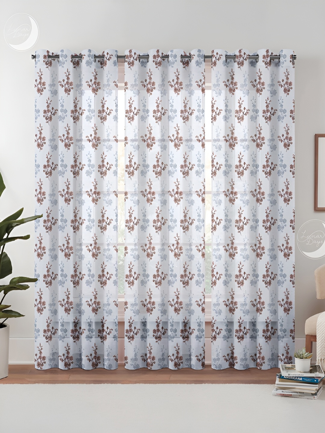 

Lunar Days 3 Pcs White & Brown Floral Sheer Window Curtain