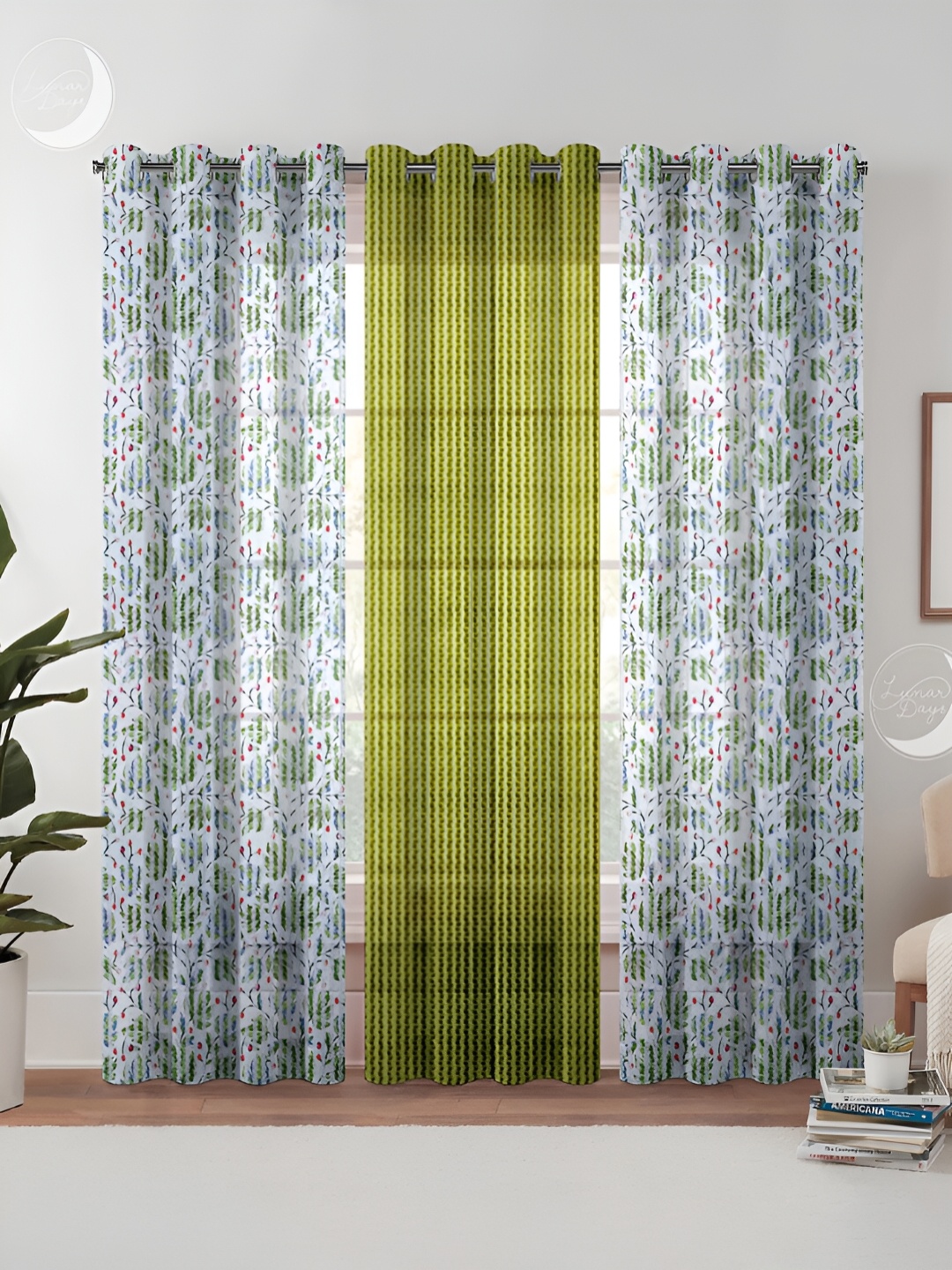 

Lunar Days Green & White 3 Pieces Floral Sheer Door Curtain set