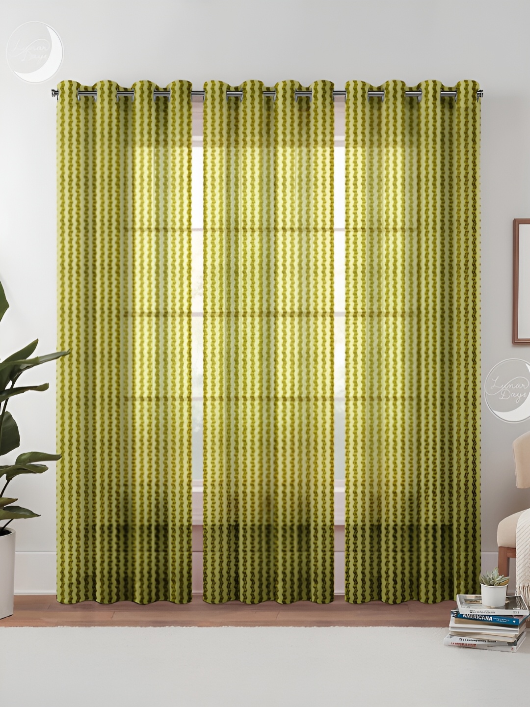

Lunar Days Green & White 3 Pieces Striped Sheer Window Curtains