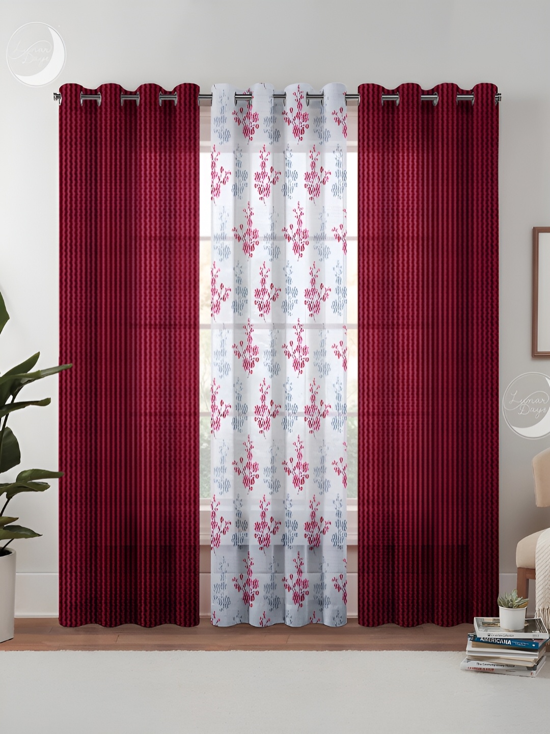 

Lunar Days Maroon & White 3 Pieces Floral Sheer Door Curtain