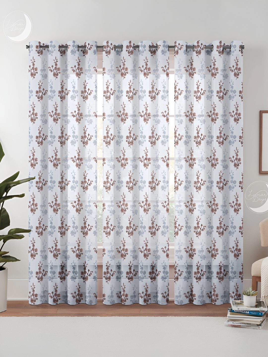 Lunar Days Brown & White 3 Pieces Floral Sheer Door Curtain Set