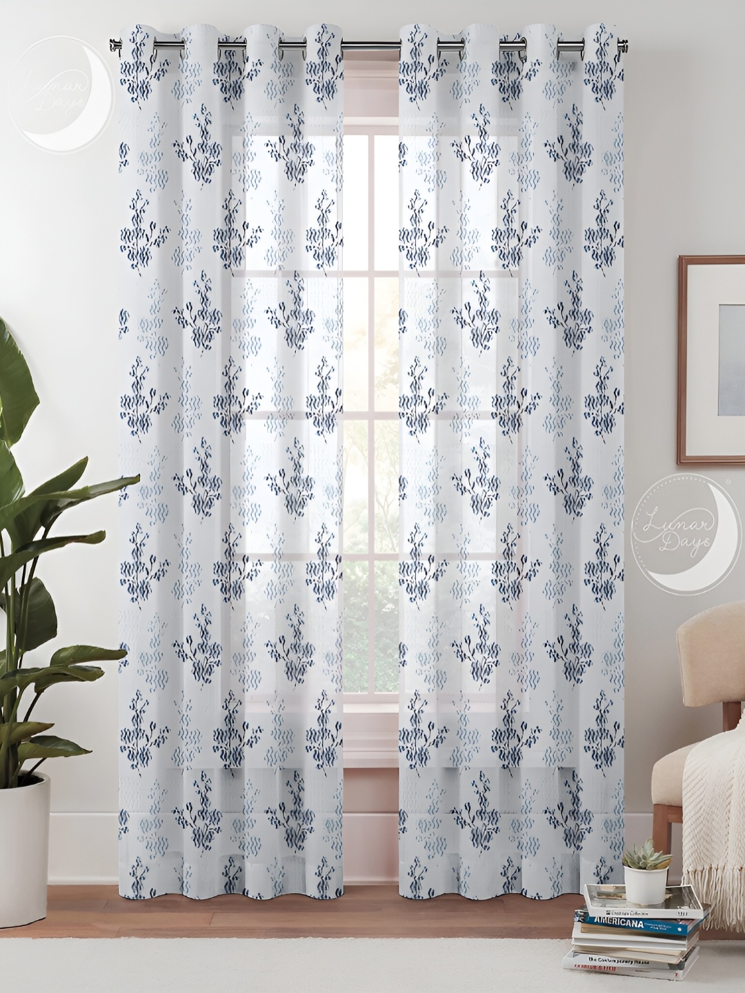 

Lunar Days 2 Pcs White & Grey Floral Sheer Door Curtain