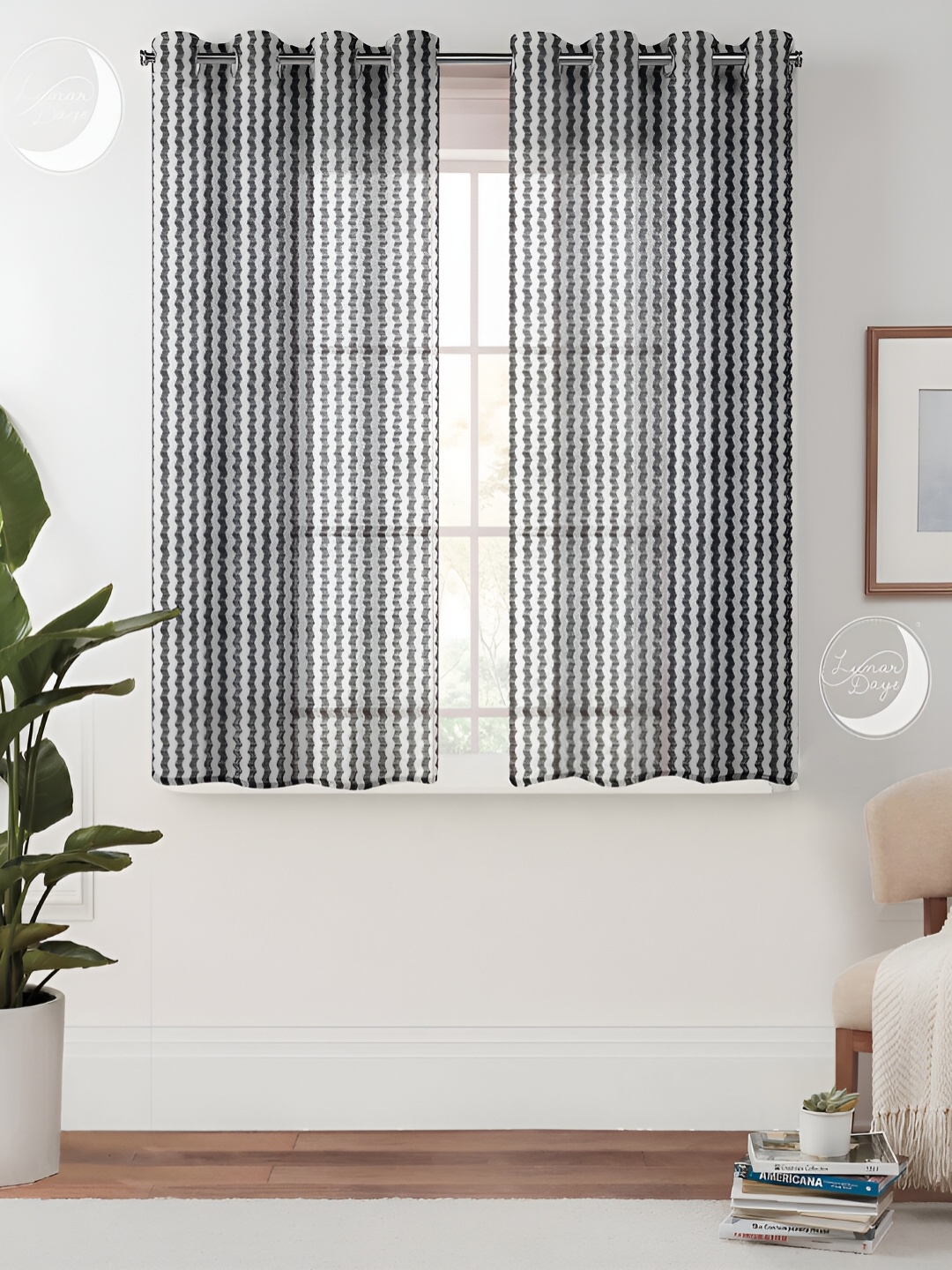 

Lunar Days Grey & White 2 Pieces Striped Sheer Window Curtains