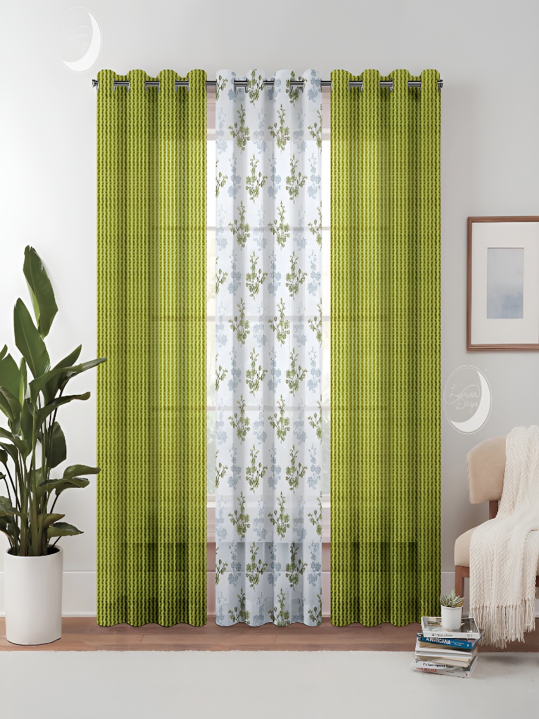 

Lunar Days Green & White 3 pieces Floral Sheer Door Curtain set