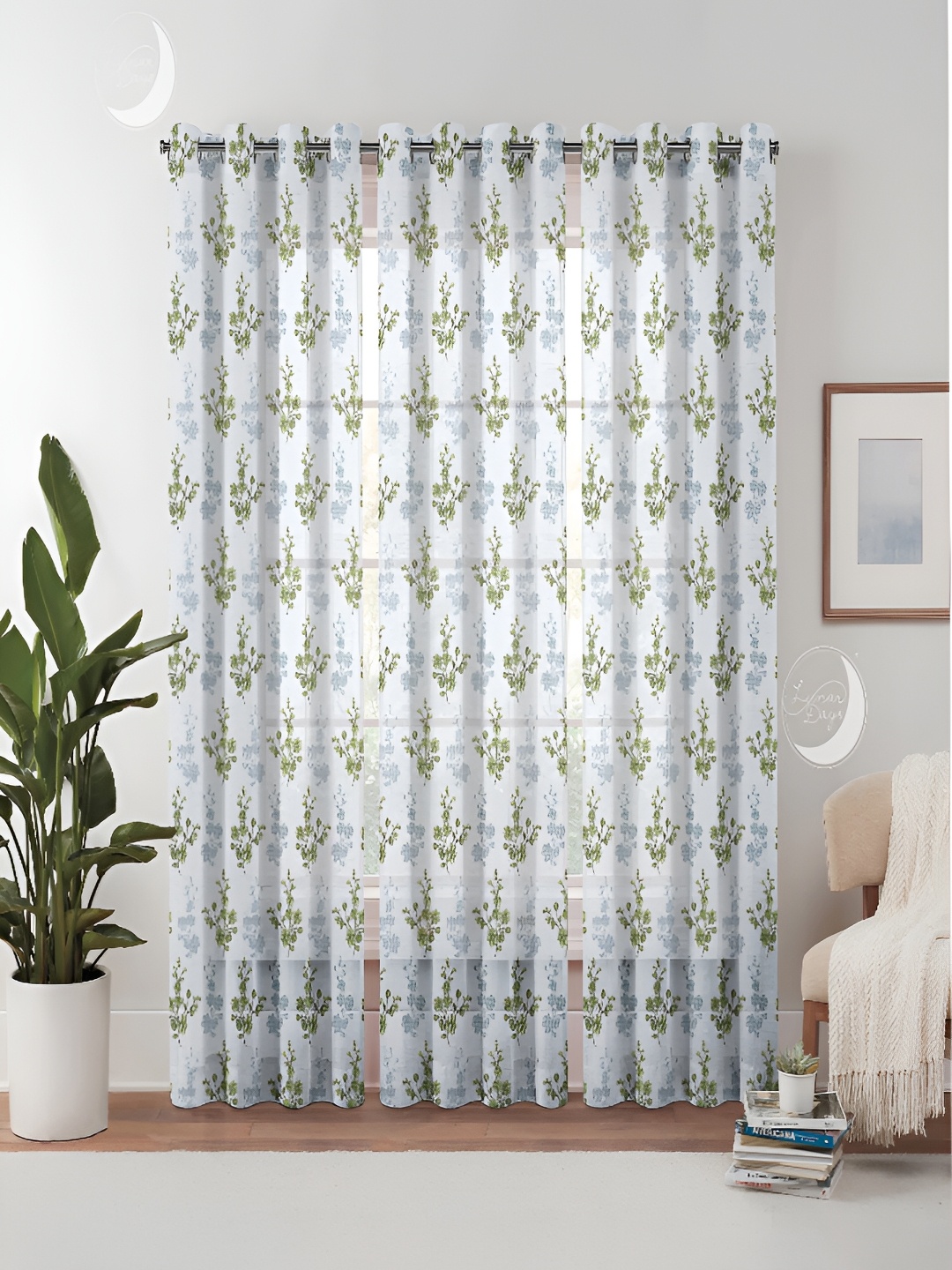 

Lunar Days Green & White 3 Pieces Floral Sheer Long Door Curtains