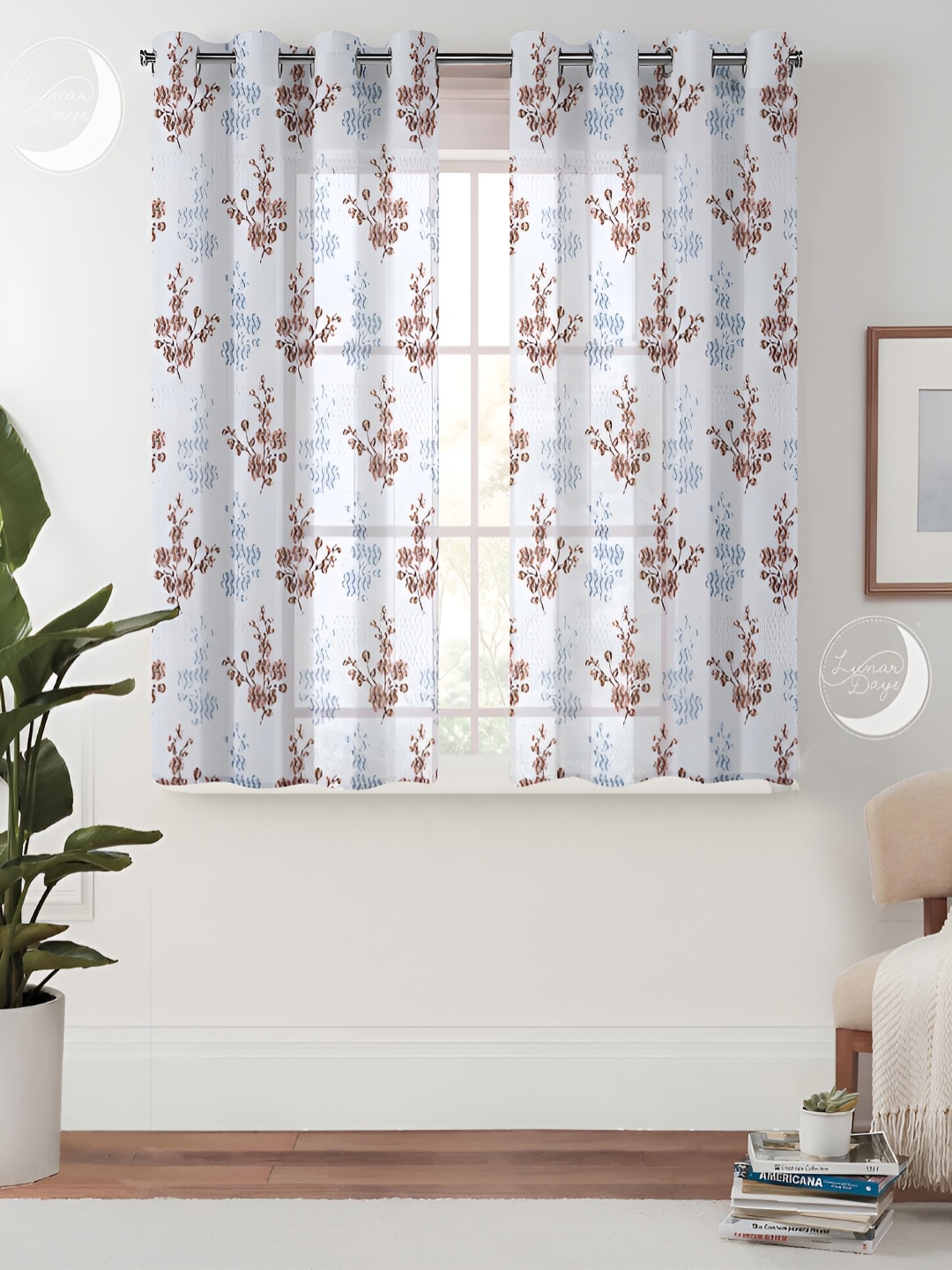 

Lunar Days White & Brown 2 Pieces Floral Sheer Window Curtains