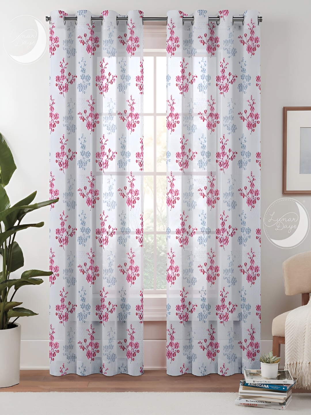 

Lunar Days Maroon & White 2 Pieces Floral Sheer Long Door Curtains