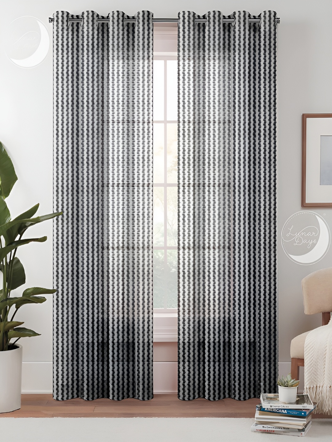 

Lunar Days Grey & White 2 Pieces Striped Sheer Long Door Curtain