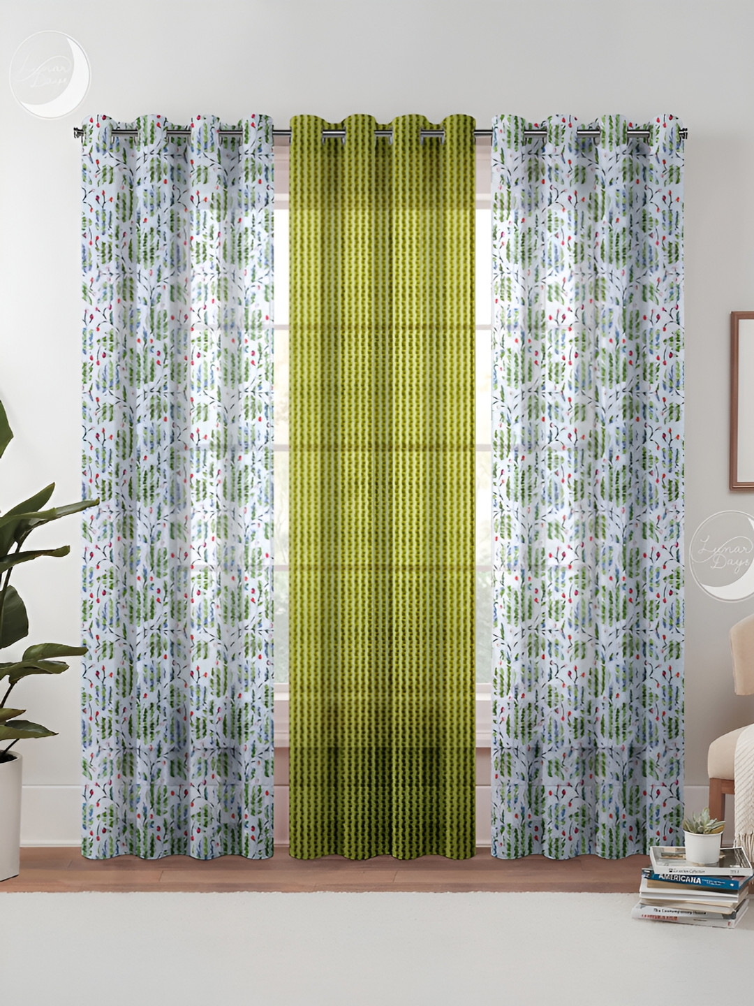 

Lunar Days White & Green 3 Pieces Floral Sheer Long Door Curtains