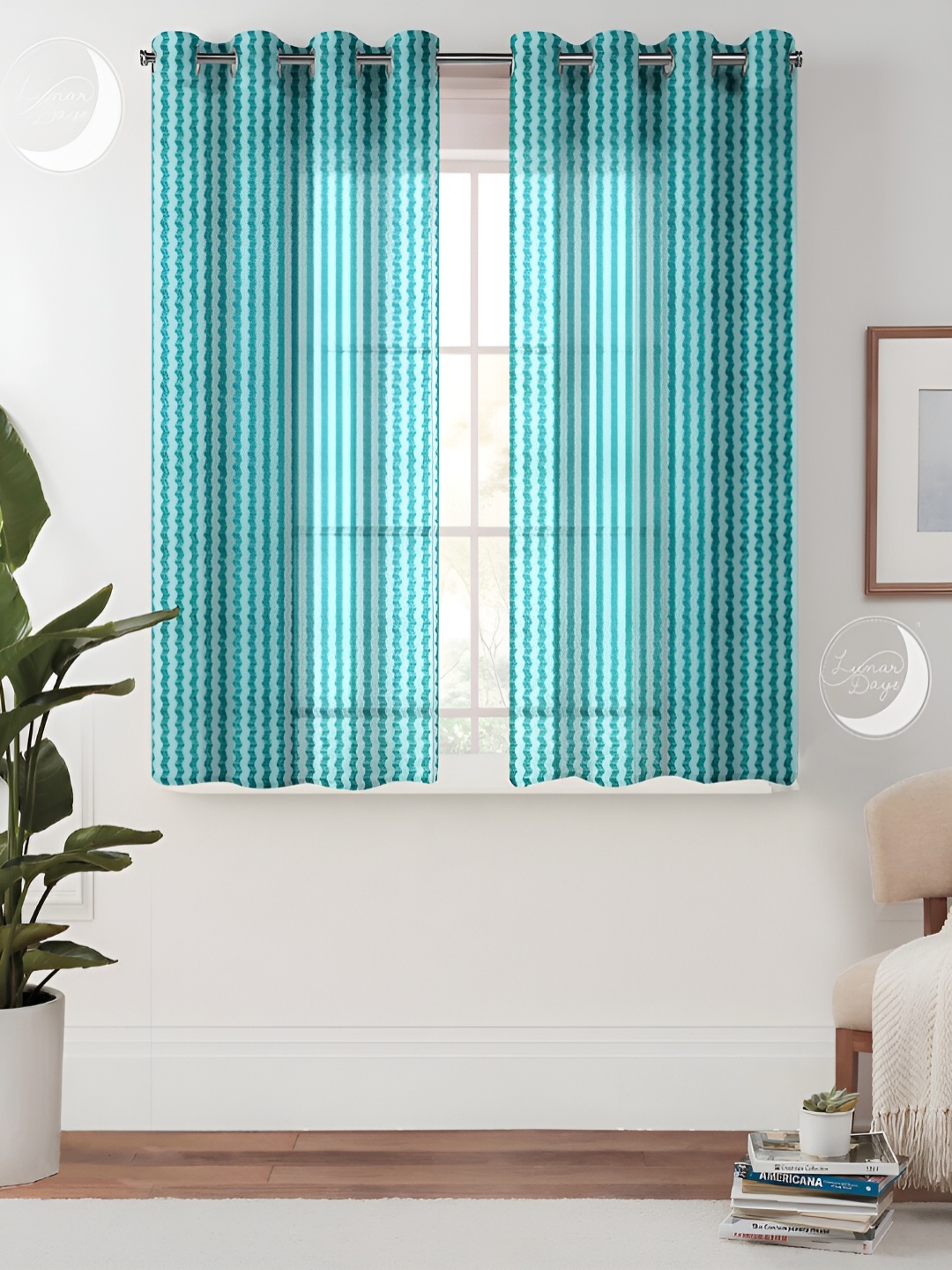 

Lunar Days White & Blue 2 Pieces Striped Sheer Window Curtains