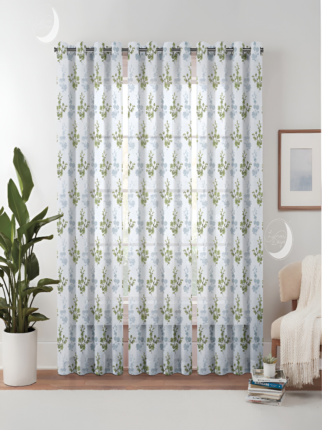 

Lunar Days Green & White 3 Pieces Floral Sheer Door Curtains