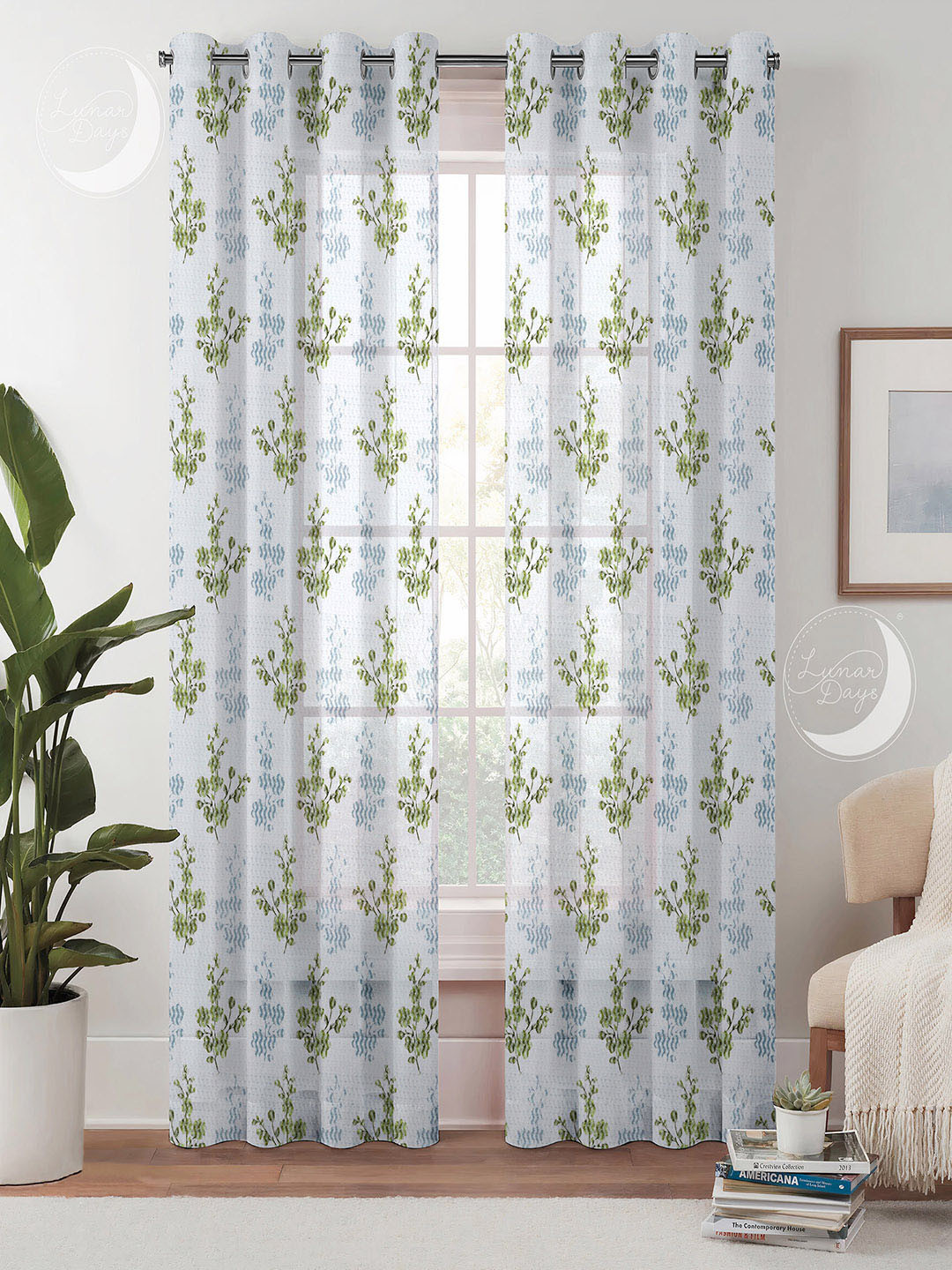 

Lunar Days Green & White 2 Pieces Floral Printed Sheer Door Curtains
